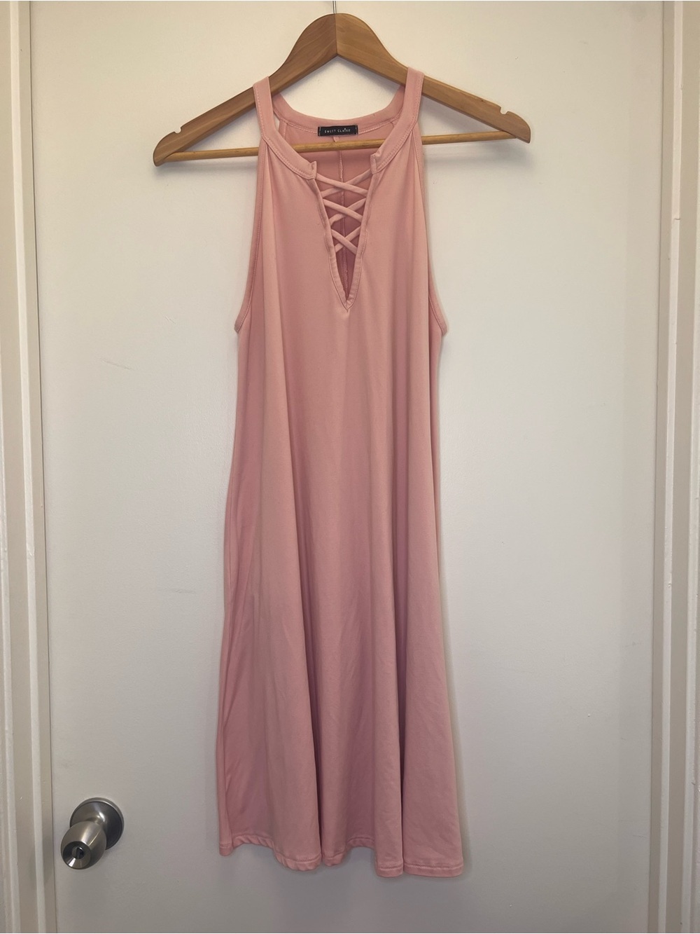 Sweet Claire Pink Lace Up Mini Shift Dress 16.5” PTP Homecoming Dress